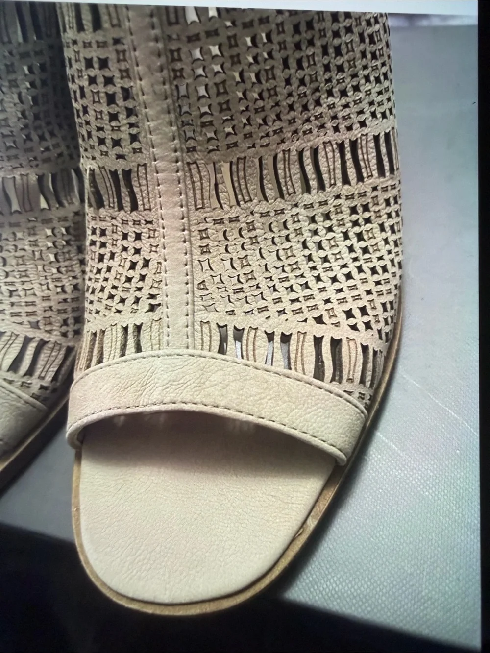 Vince Camuto Taupe Laser-Cut Peep-Toe Wedge Sandals